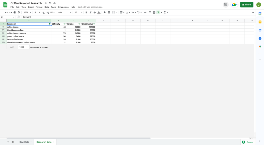 Filtered Keywords in Google Spreadsheet