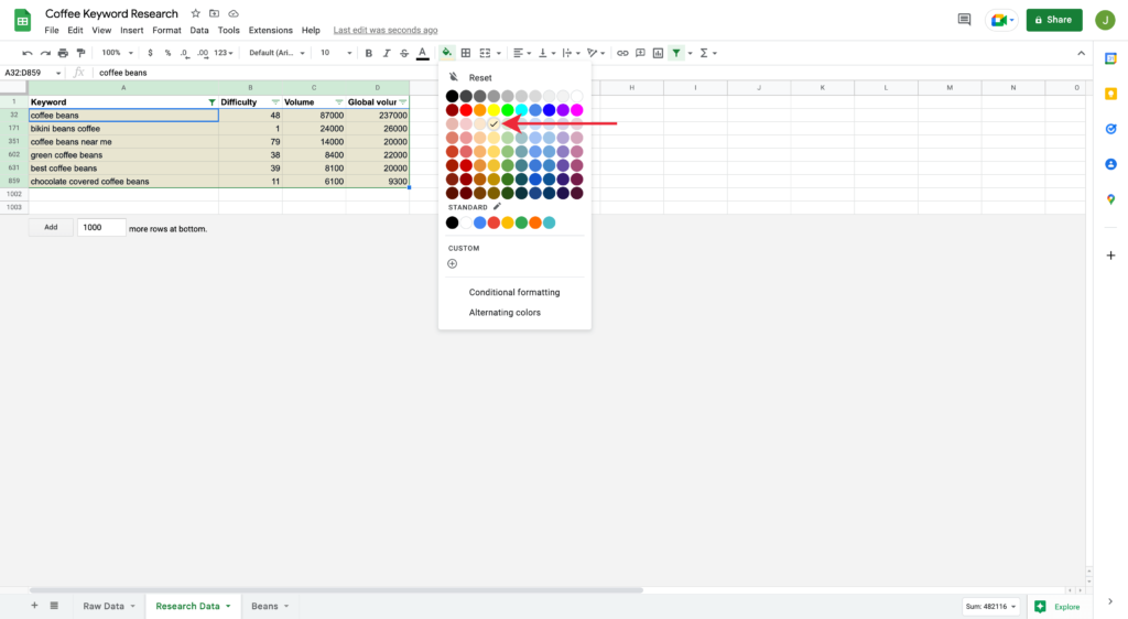 Highlighting Reviewed Keywords with a Background Color in Google Spreadsheet