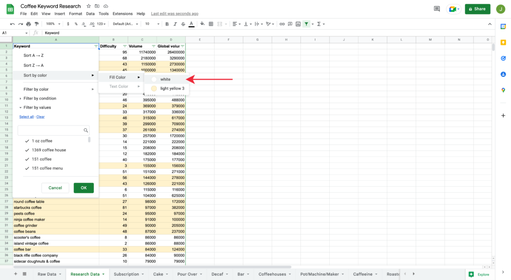Sorting Keywords by Cell Color in Google Spreadsheet