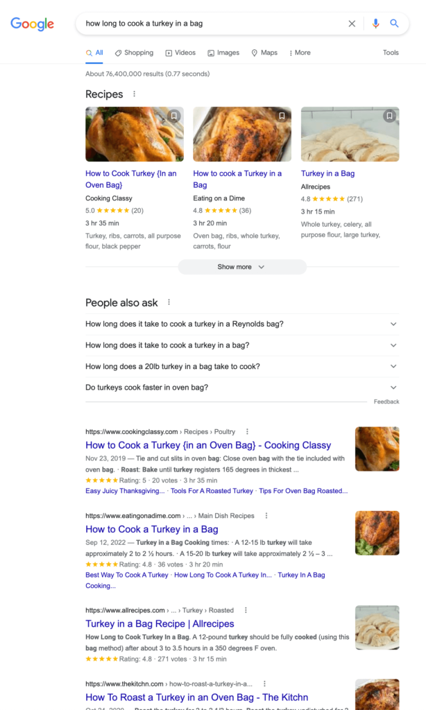 Google Search Results Page for how Long to Cook a Turkey in a Bag