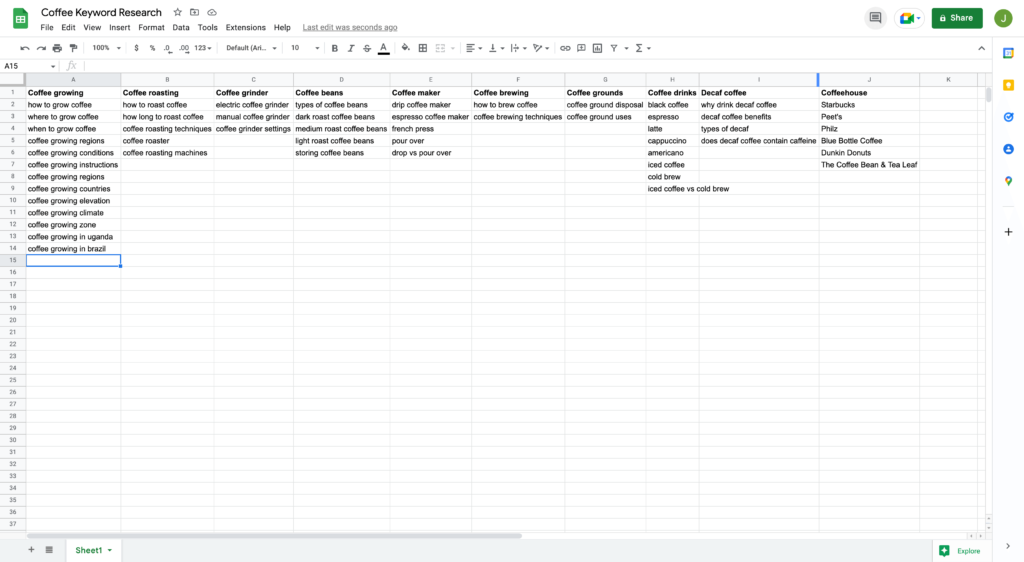 Google Autocomplete Keywords Added to Google Spreadsheet