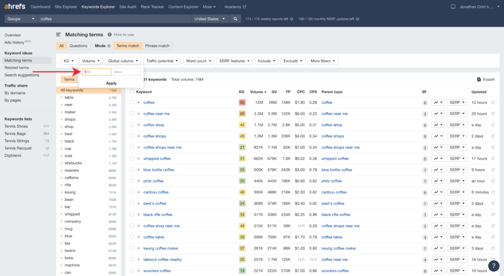 Setting a Filter in Ahrefs Matching Terms Report