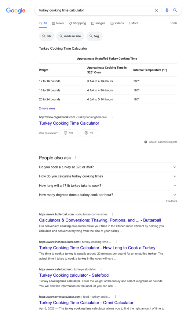 Google Search Results for Turkey Cooking Time Calculator