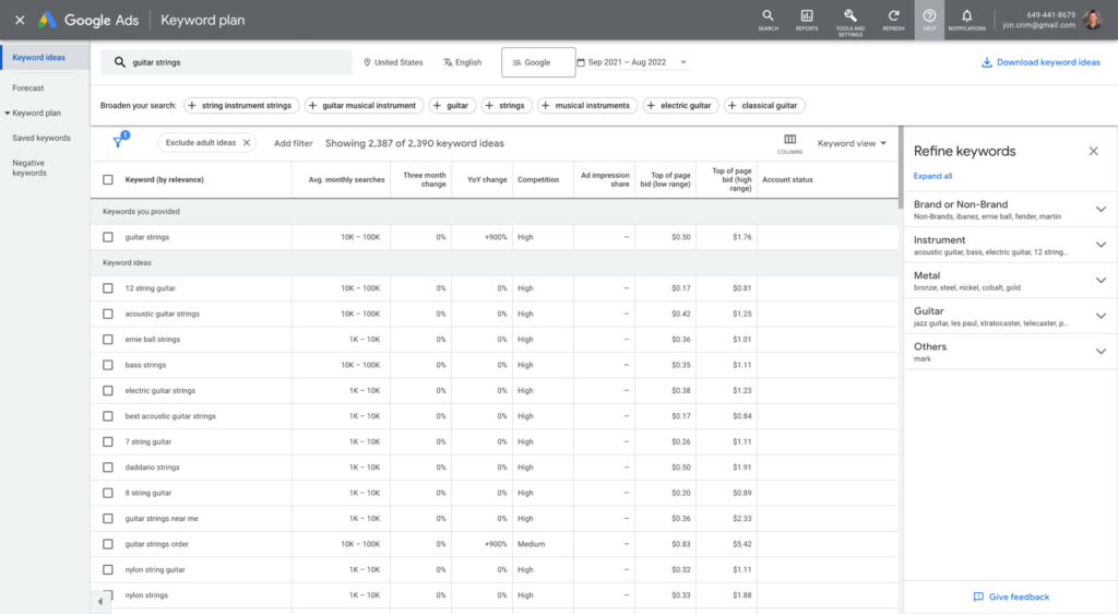 Google Keyword Planner Search for Guitar Strings