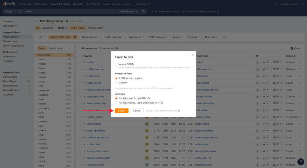 Export Button for Ahrefs Matching Terms Report