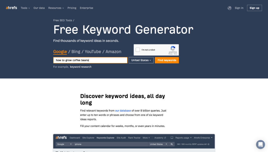 Searching for a Keyword Using Ahrefs Free Keyword Generator