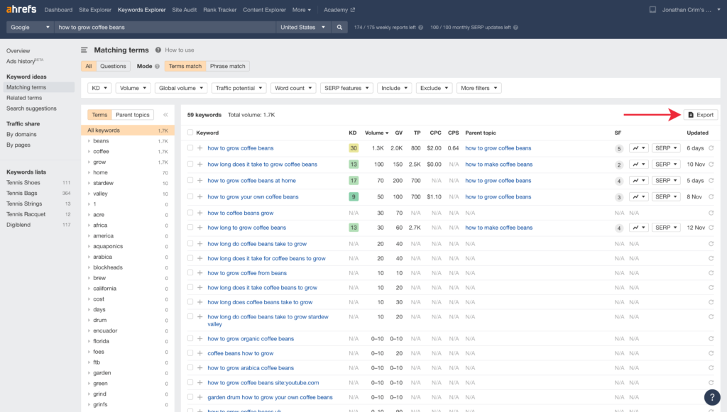 Exporting Matching Terms for Ahrefs Keyword Explorer