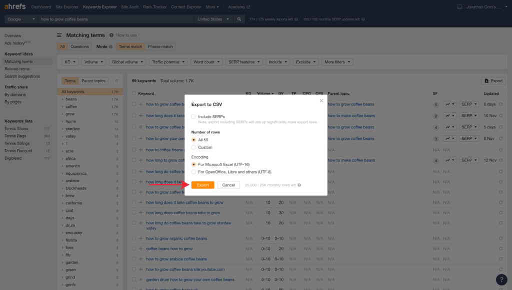 Export Button for Matching Terms Report in Ahrefs Keyword Explorer