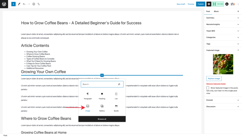 Selecting Image Block in WordPress