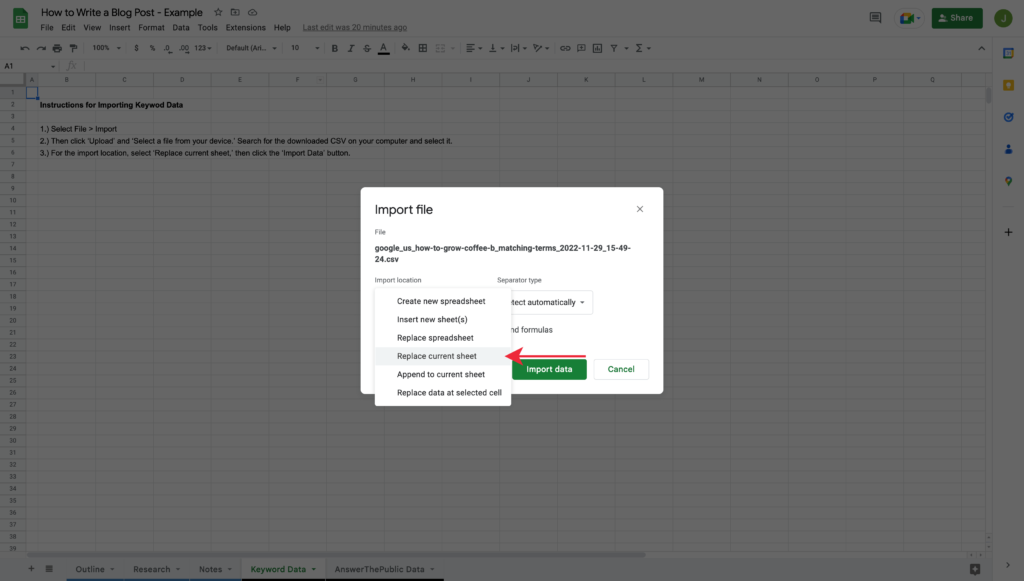 Selecting an Import Location within Google Sheets