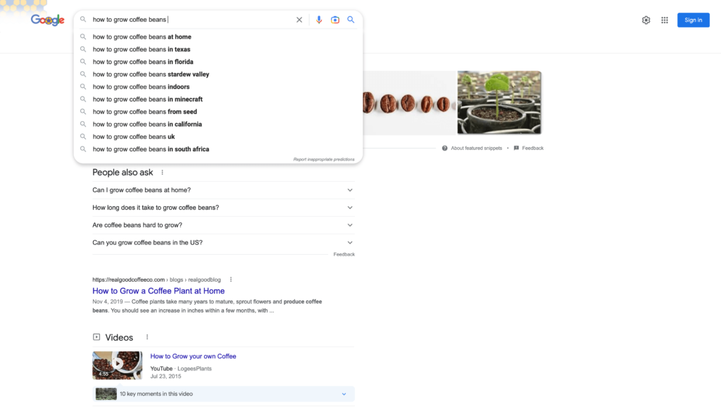 Google's Autocomplete for How to Grow Coffee Beans