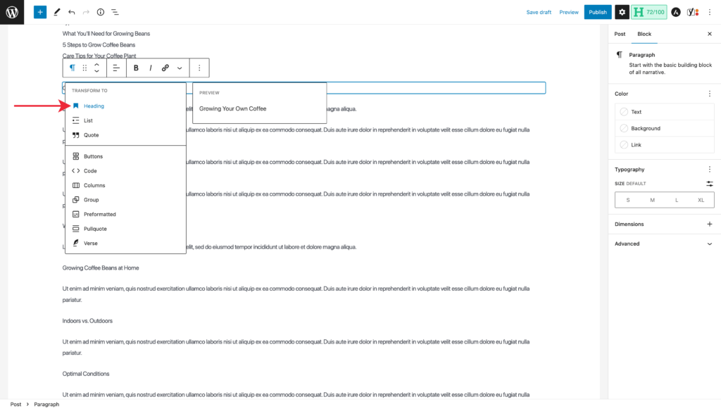 Selecting the Heading Menu From the WordPress Formatting Panel