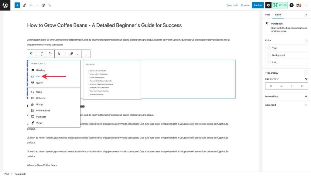 Changing Paragraph Text in WordPress to a Bullet List